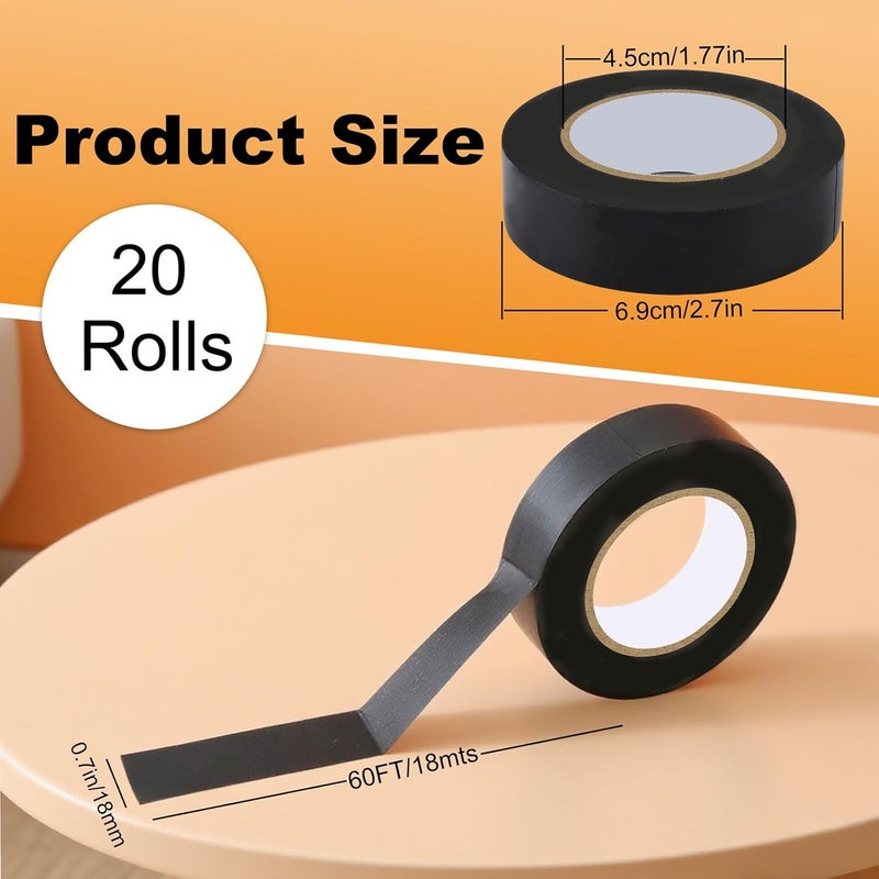 LINSIRON 20 Pack Black Electrical Tape Waterproof, 3/4In x 60Ft, Bulk Pvc High Temperature Electric Tape, Vinyl Wire Harness Insulating Tape for Home Outdoor Electrical, Repairs, Automotive, Equipment - Image 2